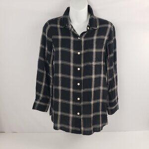 Old Navy XS Petite Plaid Black White Pink Long Sleeve Womens Shirt Top Work Fall